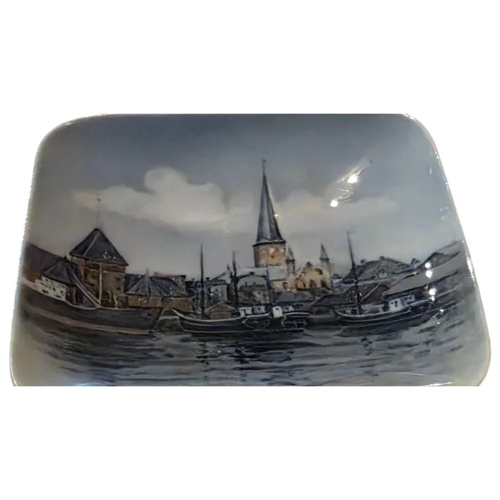 2 Vintage Tinket Dishes Royal Copenhagen Square Porcelain‎ Landscape Scenes 4.5